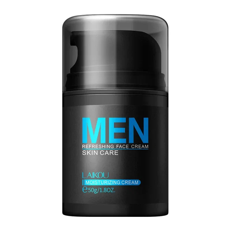 Flacon noir de crème hydratante pour hommes avec texte bleu.