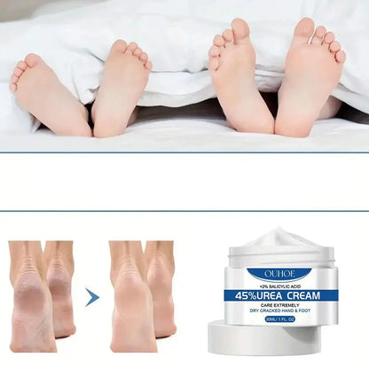 Deux paires de pieds nus émergeant d’une literie blanche, avec un produit de crème pour les pieds illustré ci-dessous.