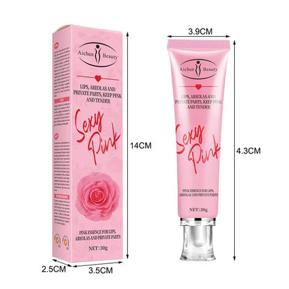 Tube et boîte de crème de beauté rose avec un motif de rose et la marque ’Sexy Pink’.