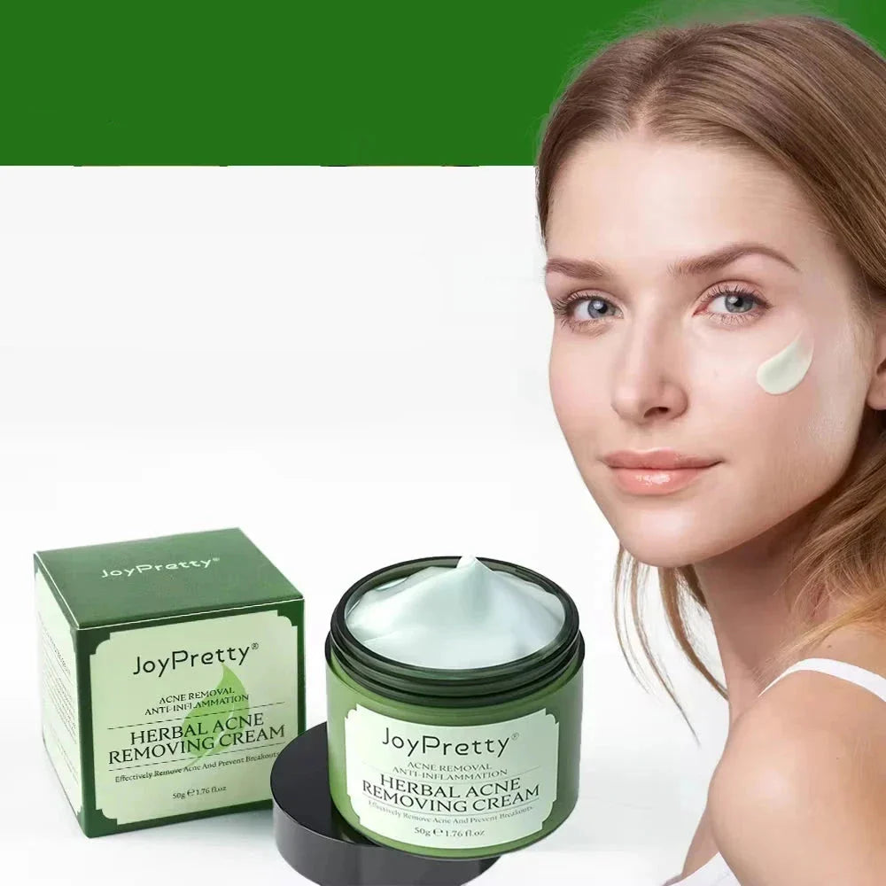 Pot vert de la crème démaquillante JoyPretty avec sa boîte de produits.