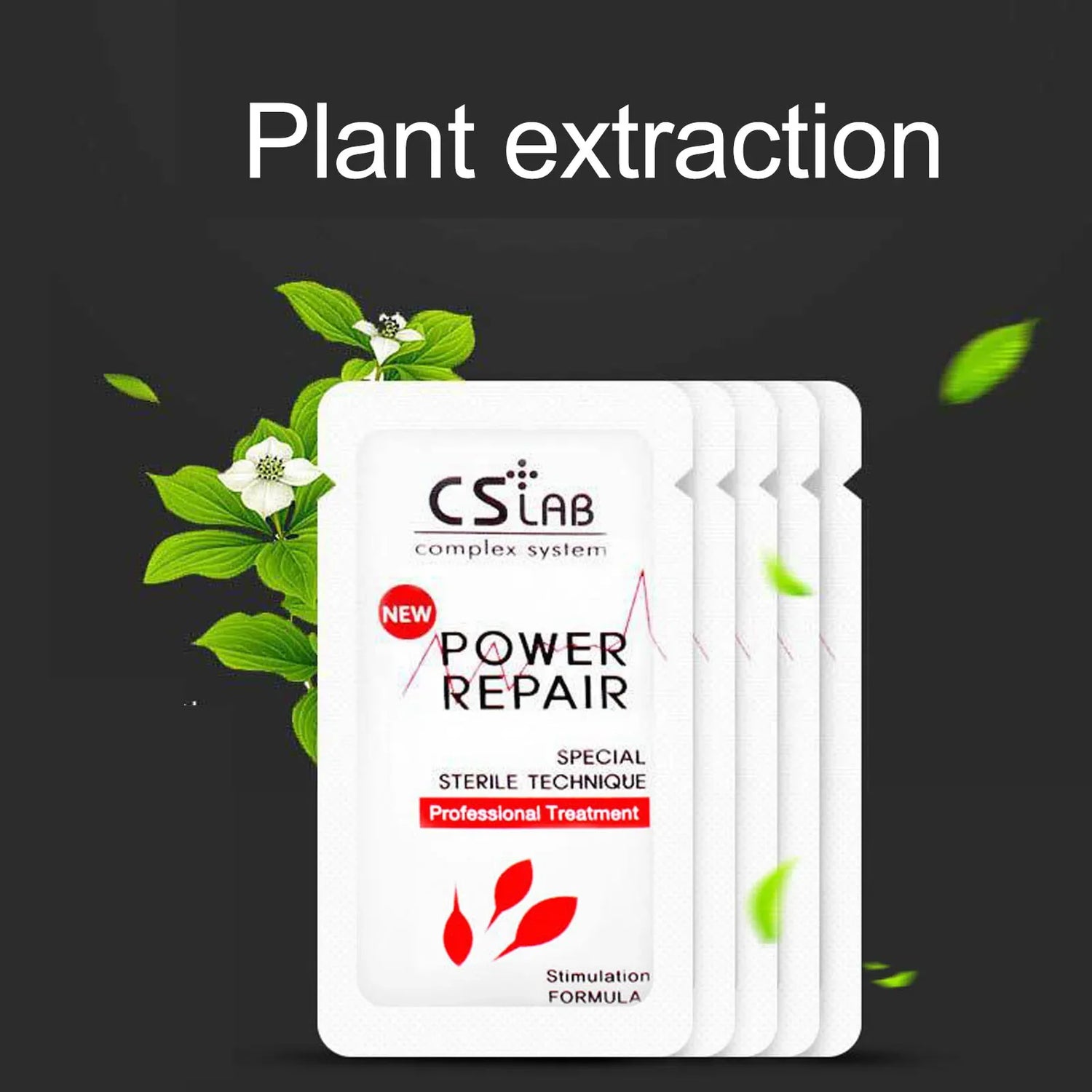 Sachets blancs étiquetés ’CSLab Power Repair’ avec la marque de l’extraction végétale et des icônes de gouttelettes rouges.