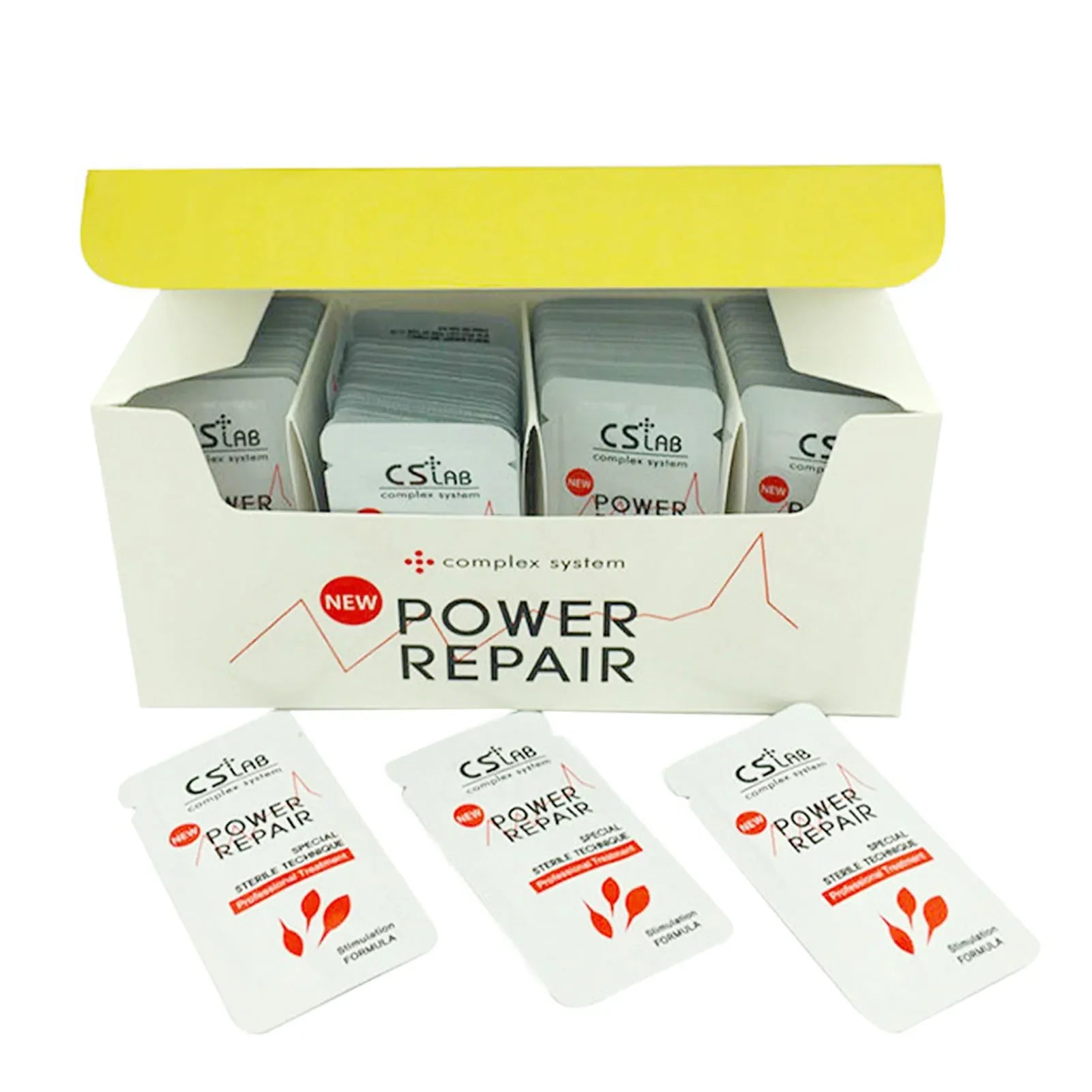 Boîte de sachets de traitement capillaire ’Power Repair’ avec emballage blanc.