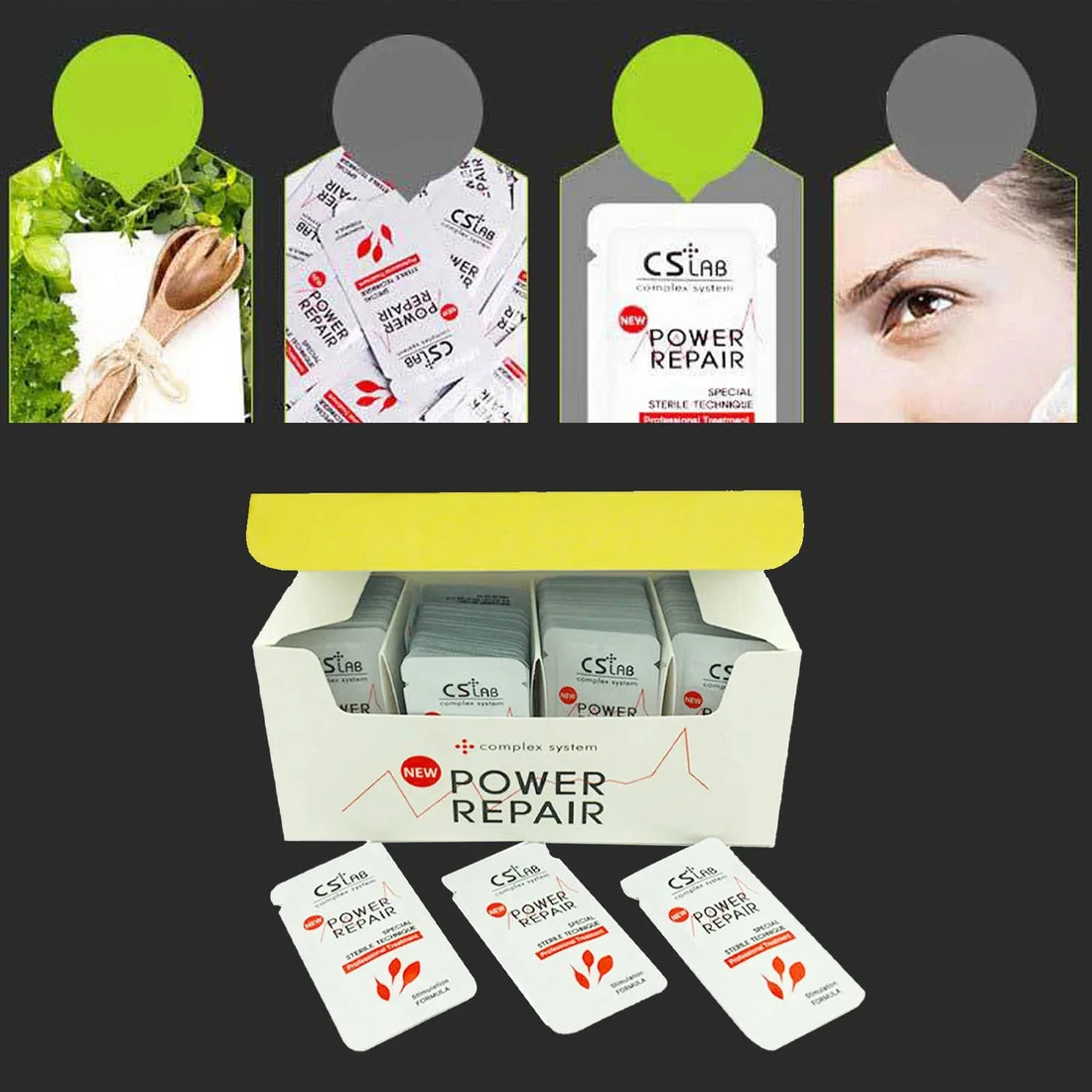 Set d’emballage de produits de beauté Power Repair avec sachets individuels et boîte de présentation.