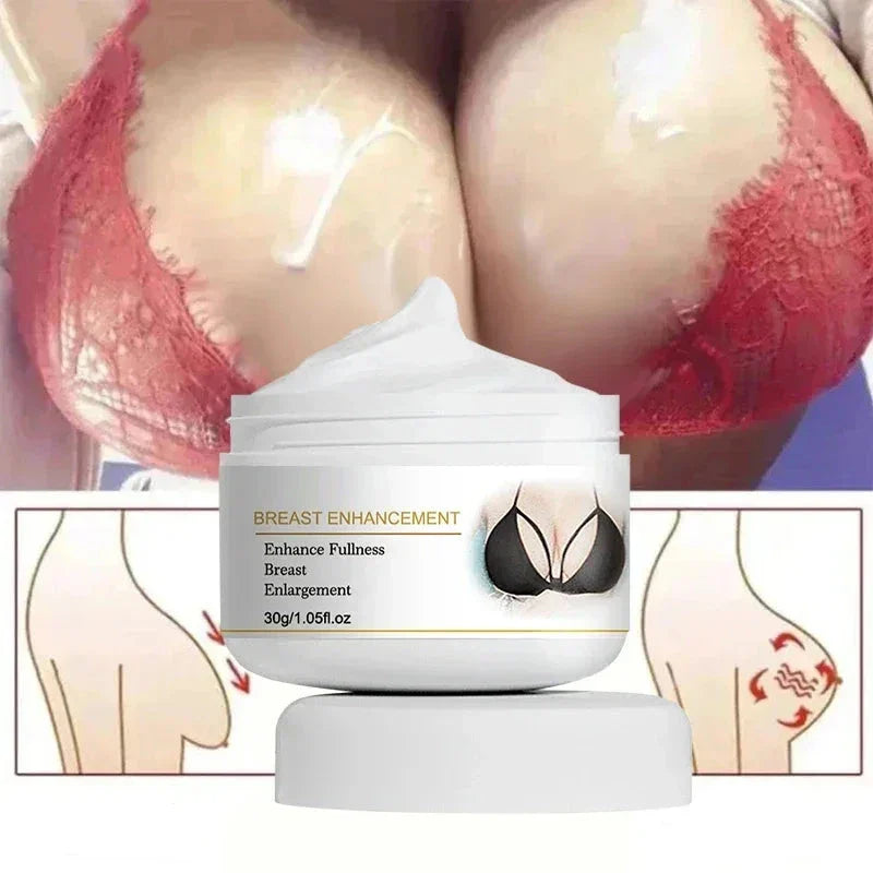 Pot blanc de crème pour l’augmentation du volume des seins avec les diagrammes du produit en dessous.