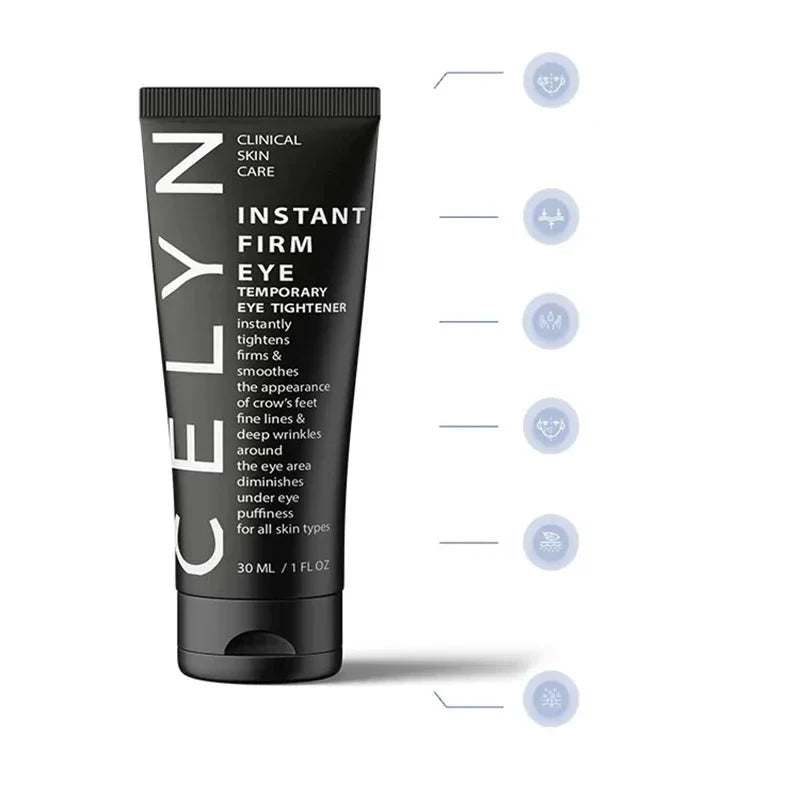 Tube noir de Celyn Instant Firm Eye, crème tenseur temporaire pour les yeux.