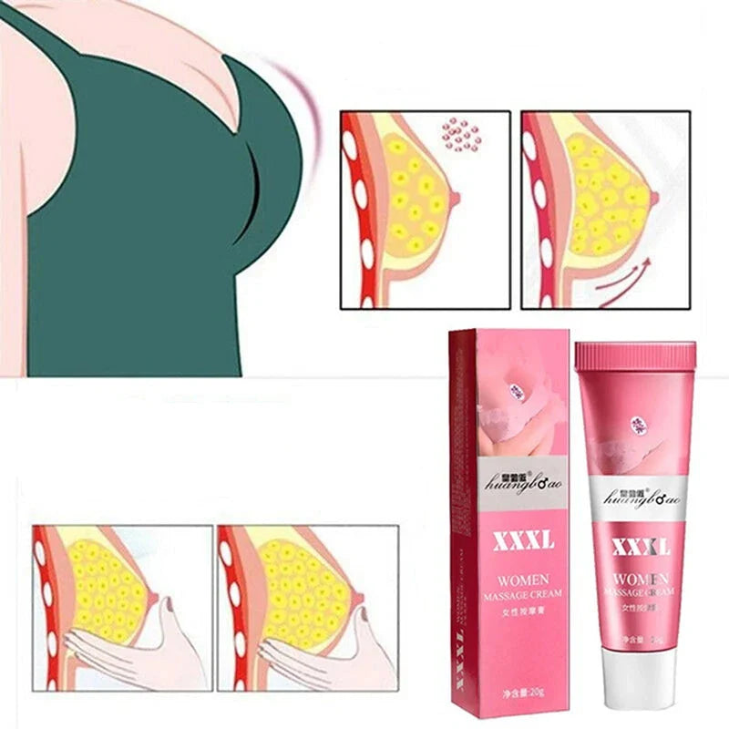 Une crème rose pour l’augmentation du volume des seins, avec des diagrammes anatomiques montrant les effets escomptés.