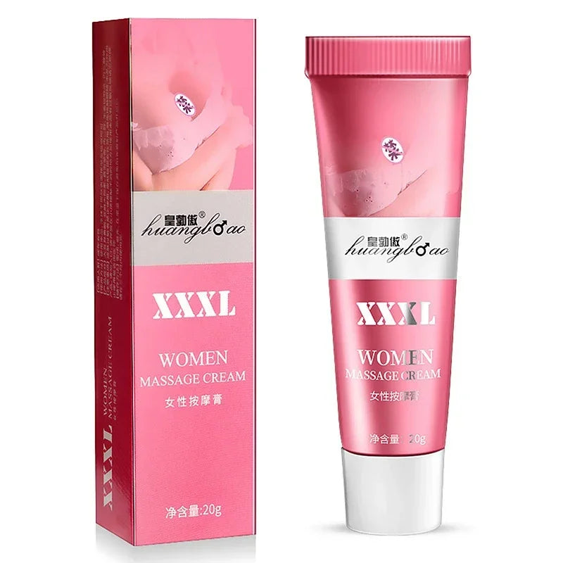 Tube et boîte roses de crème de massage pour femmes étiquetés ’XXXL’.