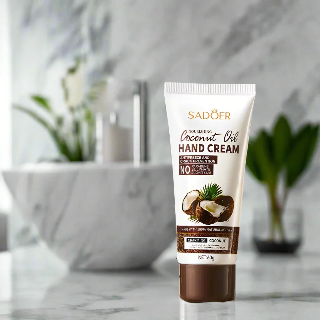 Tube de crème pour les mains à l’huile de coco Sadoer avec emballage brun et blanc.