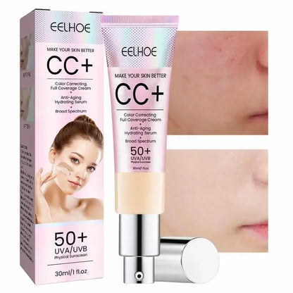 Crème CC+ rose avec écran solaire SPF 50+ dans un emballage tube et boîte.