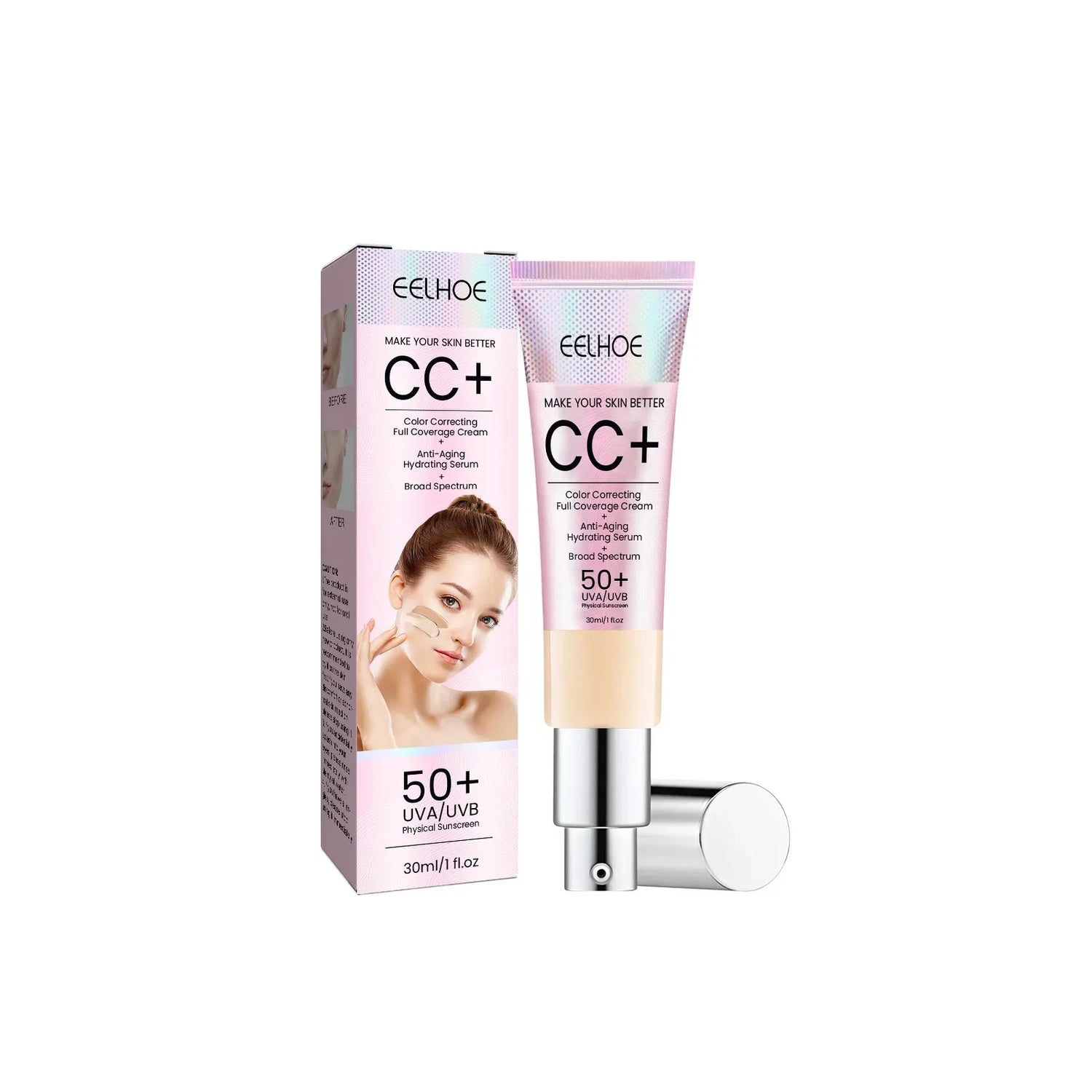 Tube et boîte de crème CC+ rose avec protection SPF 50+.