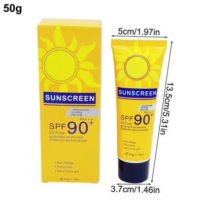 Tube et boîte de crème solaire jaune avec protection SPF 90+.