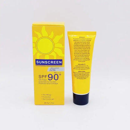 Tube et boîte de crème solaire jaune avec protection SPF 90+.