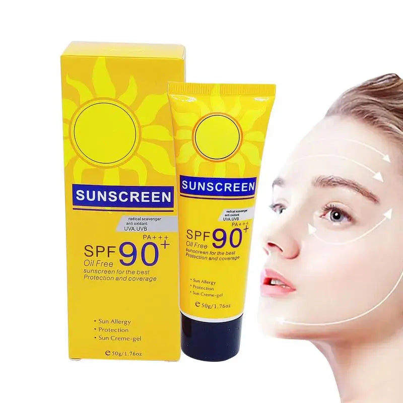 Tube et boîte jaunes de crème solaire SPF 90+.