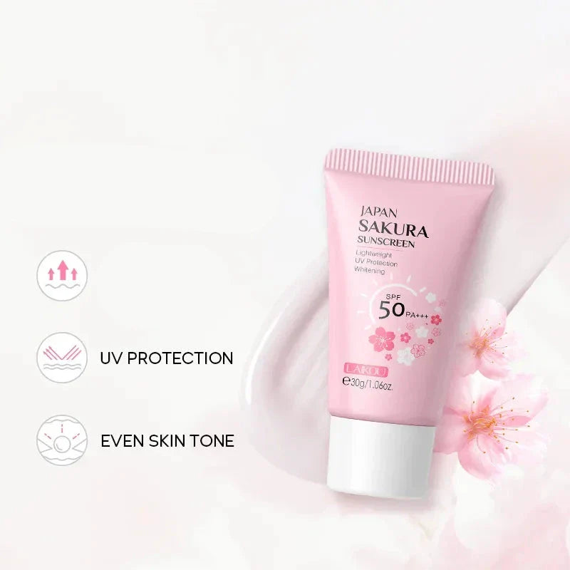 Tube de crème solaire Pink Sakura avec protection SPF 50.