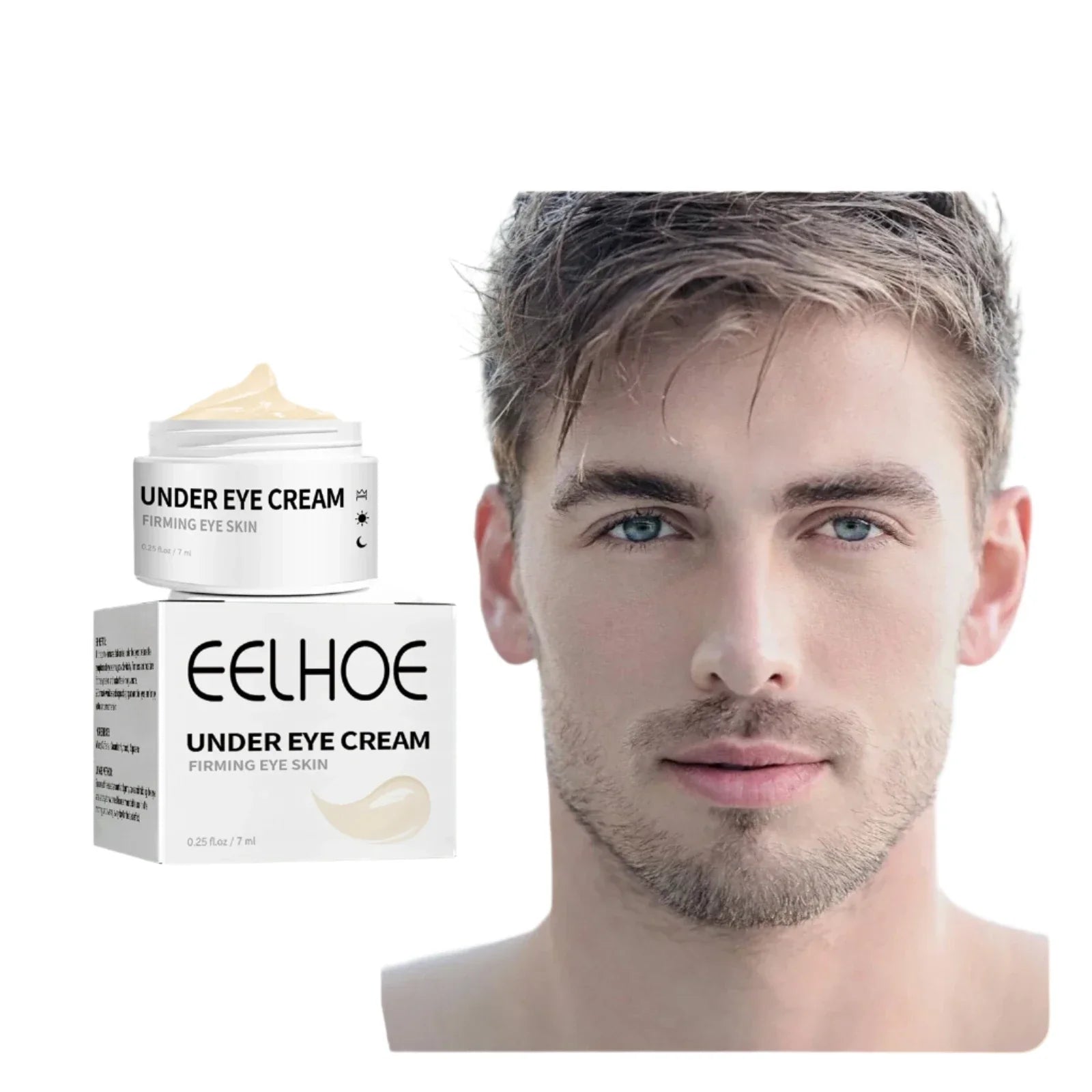 Le produit Eelhoe, crème pour le contour des yeux, est présenté à côté d’une photo de mannequin.