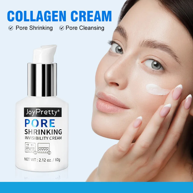 Flacon blanc de la crème de collagène rétrécissant les pores JoyPretty avec un distributeur à pompe argenté.