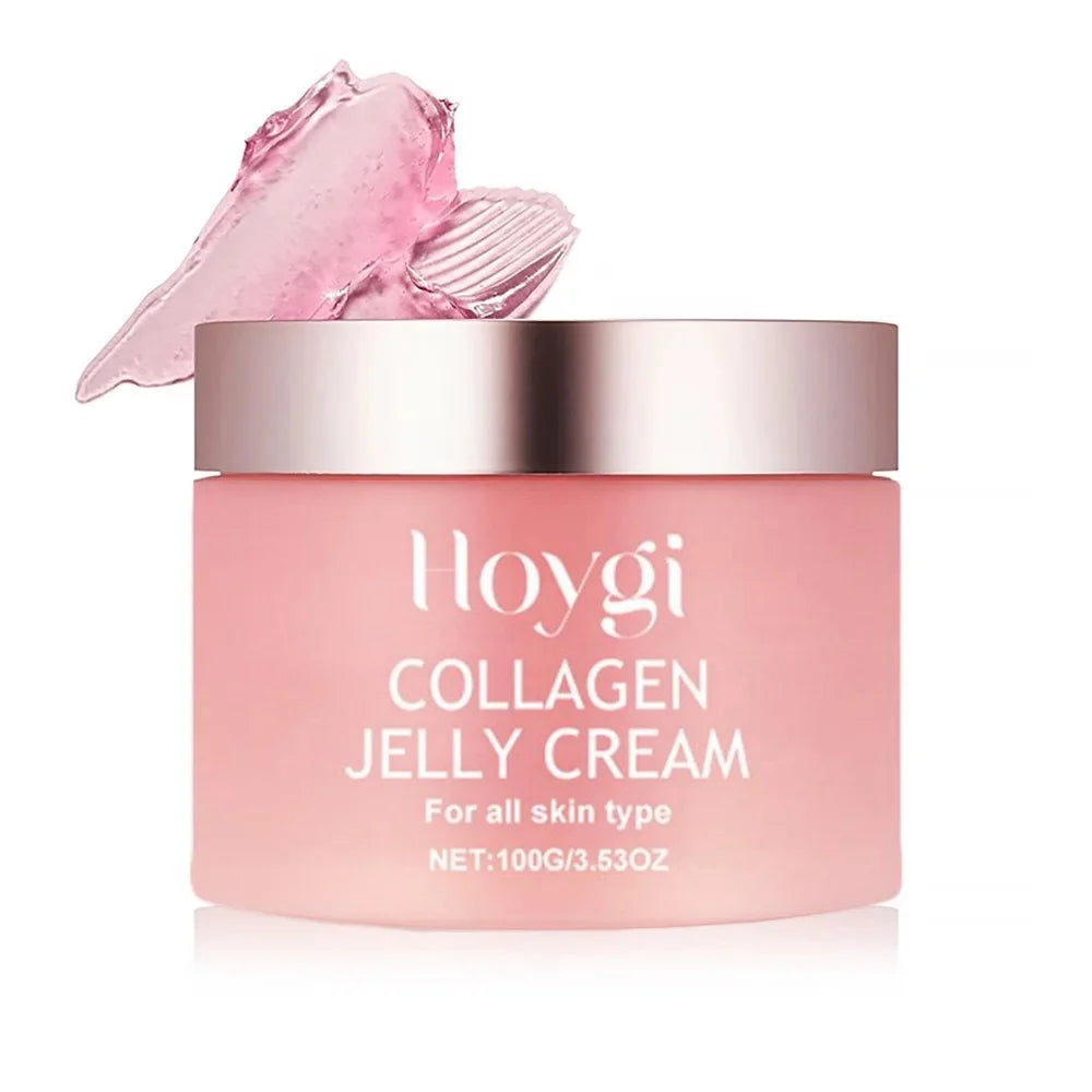 Pot rose de Hoygi Collagen Jelly Cream avec un couvercle métallique et une trace de produit.