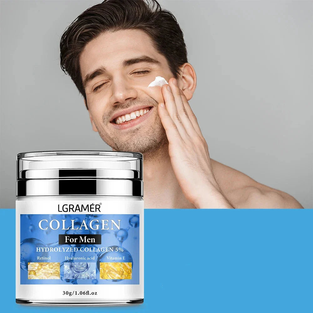 Pot de crème au collagène pour hommes LGRAMER avec emballage blanc et bleu.