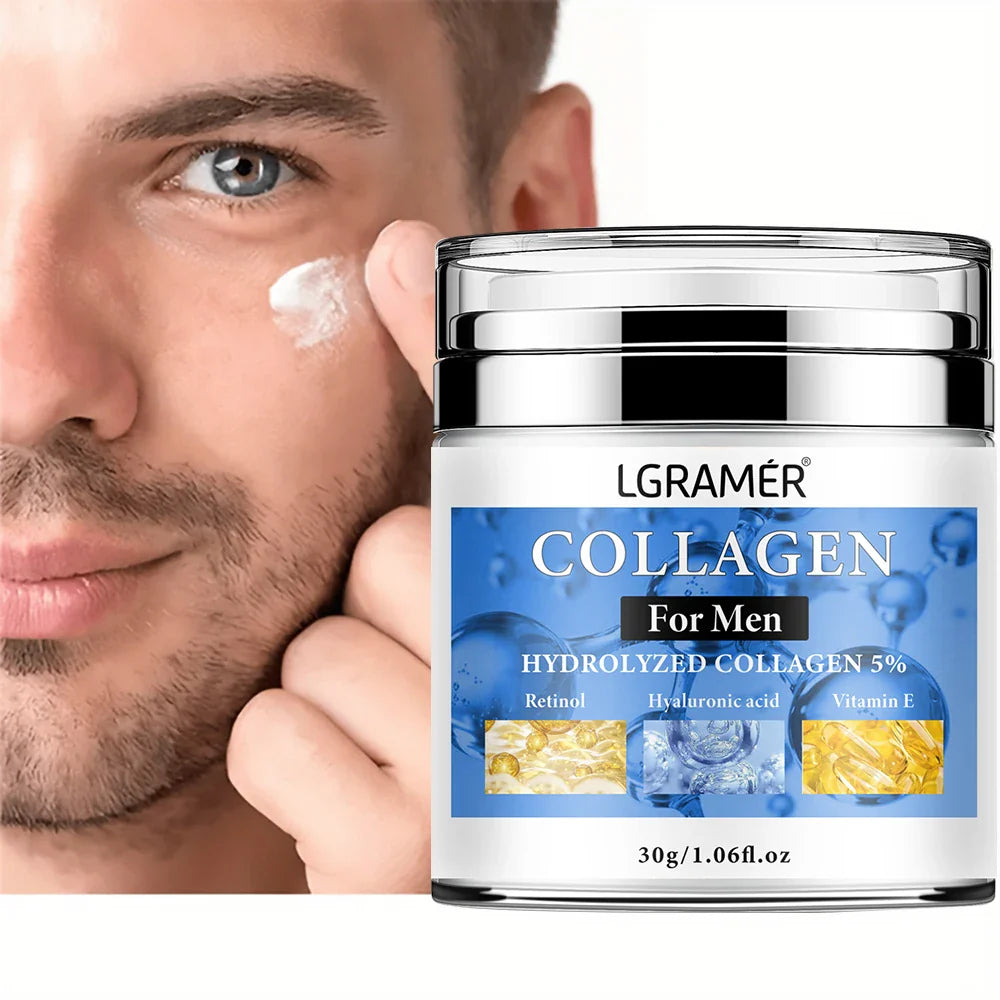 LGRAMER Pot de crème au collagène pour homme avec emballage bleu et argent.