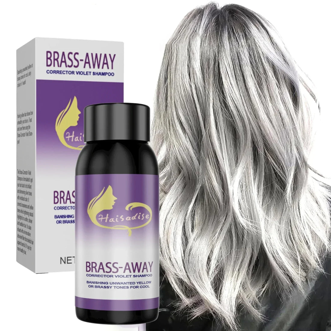 Shampooing violet correcteur ’Brass-Away’ pour cheveux gris/argentés.