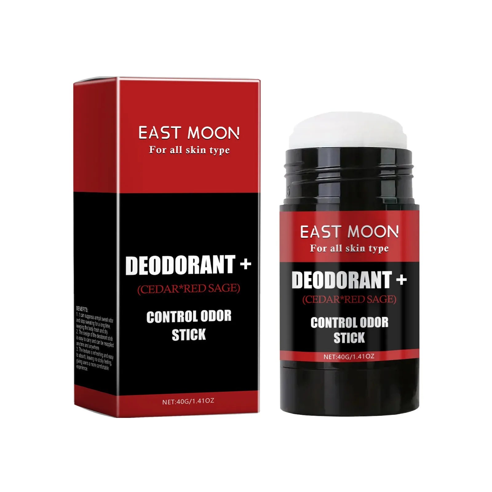 Le déodorant East Moon et son emballage rouge et noir.