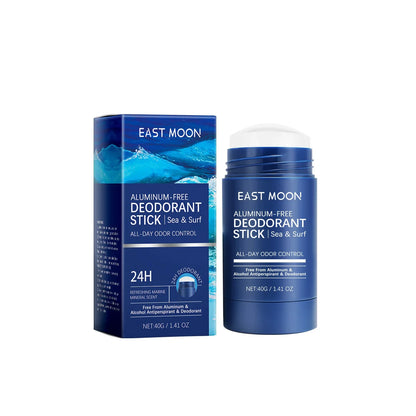 Déodorant bleu sans aluminium et son emballage de la marque East Moon.