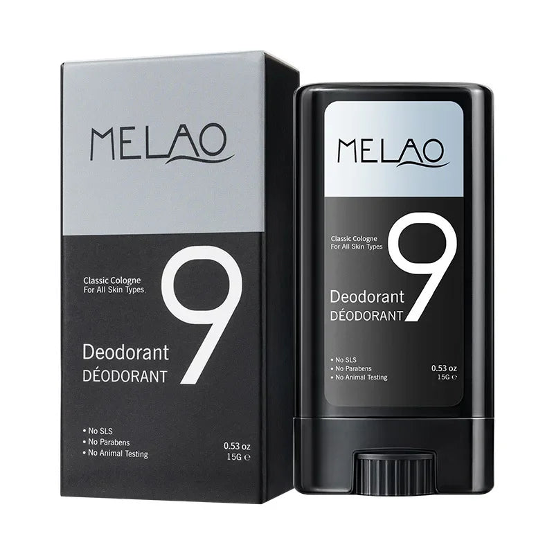 Bâton de déodorant noir et argent et emballage étiqueté ’MELAO 9’’.