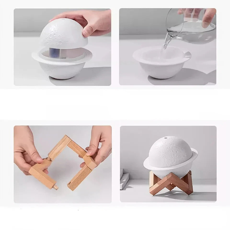 Humidificateur sphérique blanc avec une base en bois en forme de croix.