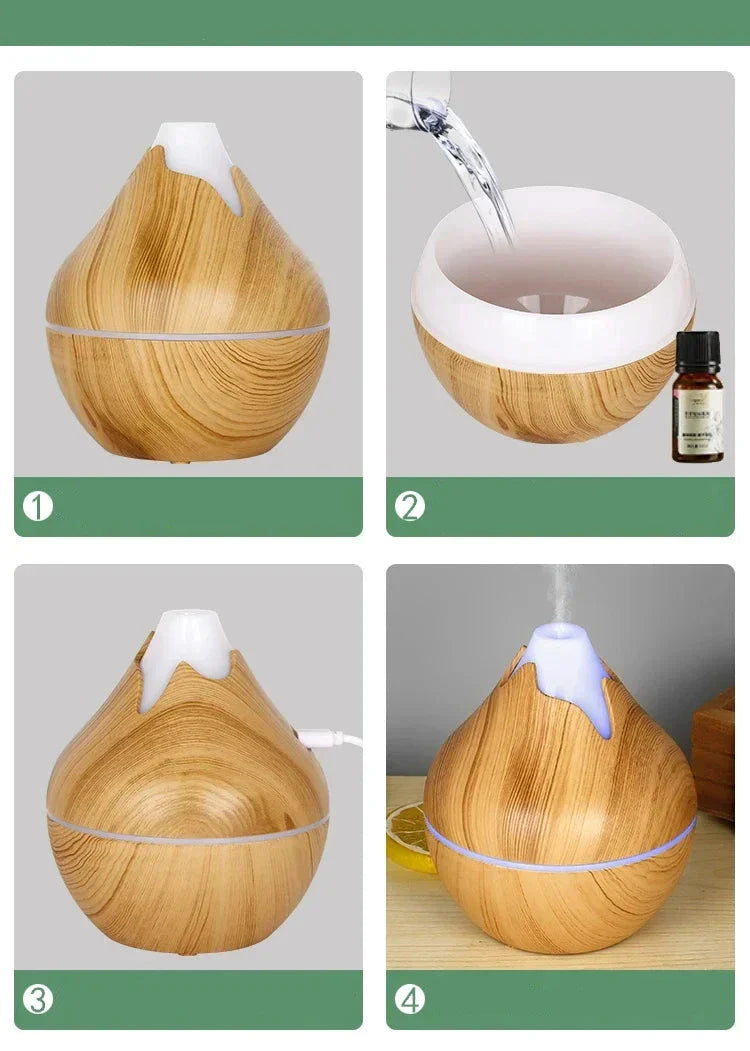 Diffuseur d’huiles essentielles en bois avec une partie supérieure blanche.