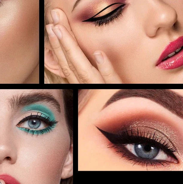 Collection de looks de maquillage pour les yeux comprenant un eye-liner ailé, des ombres à paupières colorées et des effets de cils spectaculaires.