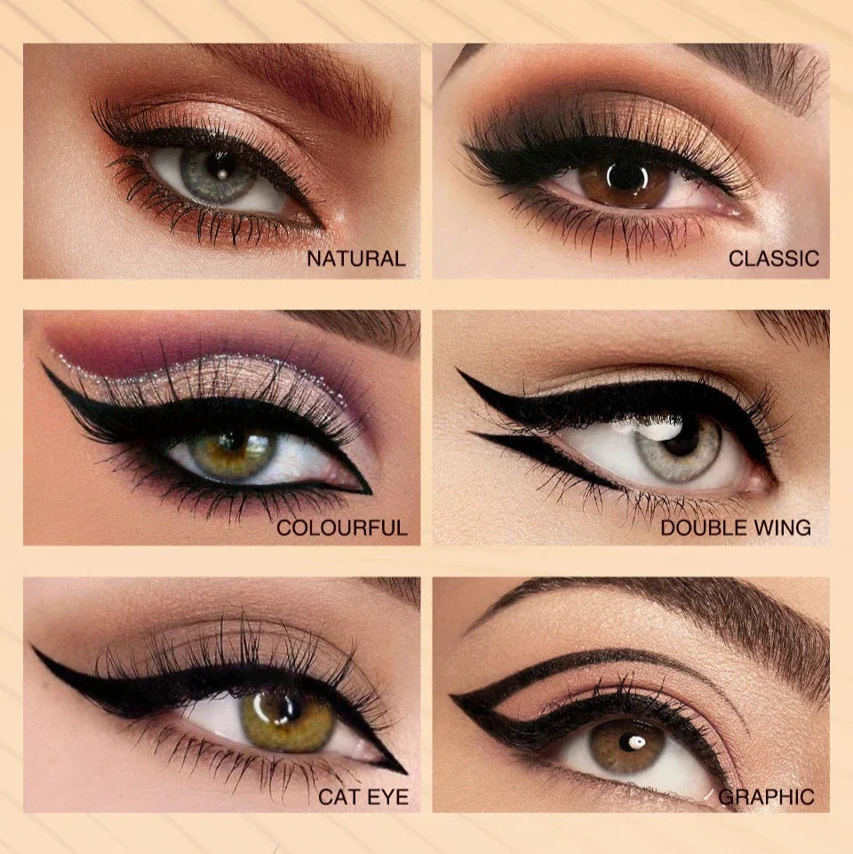 Six styles d’eyeliner différents illustrant diverses techniques de maquillage : naturel, classique, coloré, double aile, œil de chat et graphique.