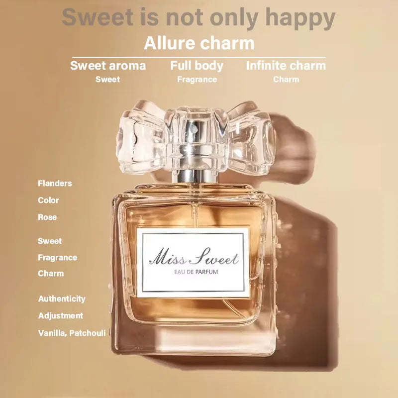 Un flacon de parfum avec un bouchon en cristal étiqueté ’Miss Sweet’.