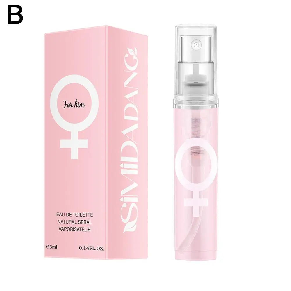 Flacon de parfum rose et emballage présentant un symbole de genre féminin.