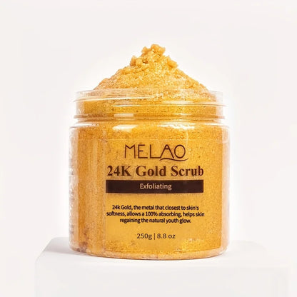 Pot transparent contenant un exfoliant pour le corps de couleur dorée étiqueté ’MELAO 24K Gold Scrub Exfoliating’.