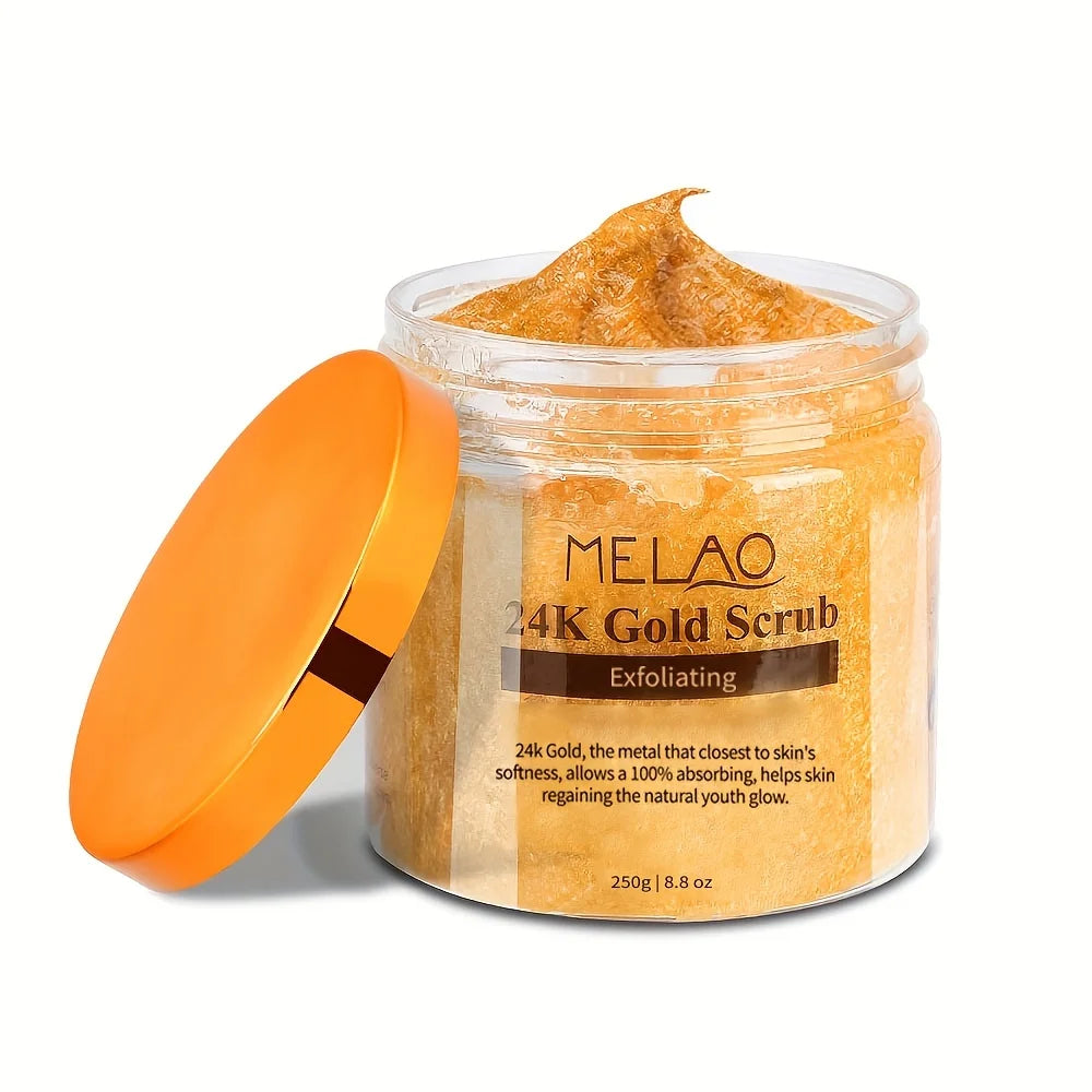 Pot transparent avec couvercle orange contenant un exfoliant de couleur dorée étiqueté ’MELAO 24K Gold Scrub’.