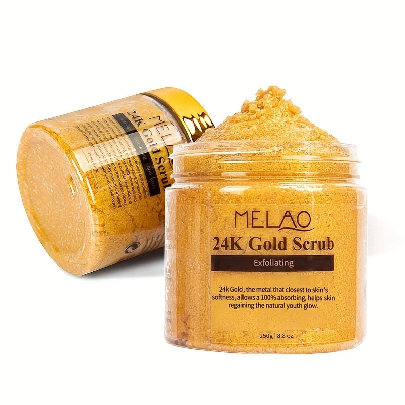 Exfoliant corporel de couleur or dans un pot en verre transparent portant l’inscription ’MELAO 24K Gold Scrub’.