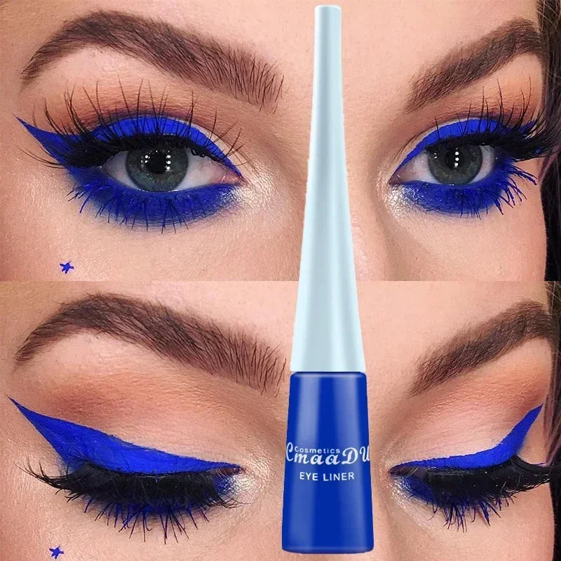 Eyeliner liquide bleu vif dans un tube métallique avec un bouchon blanc.