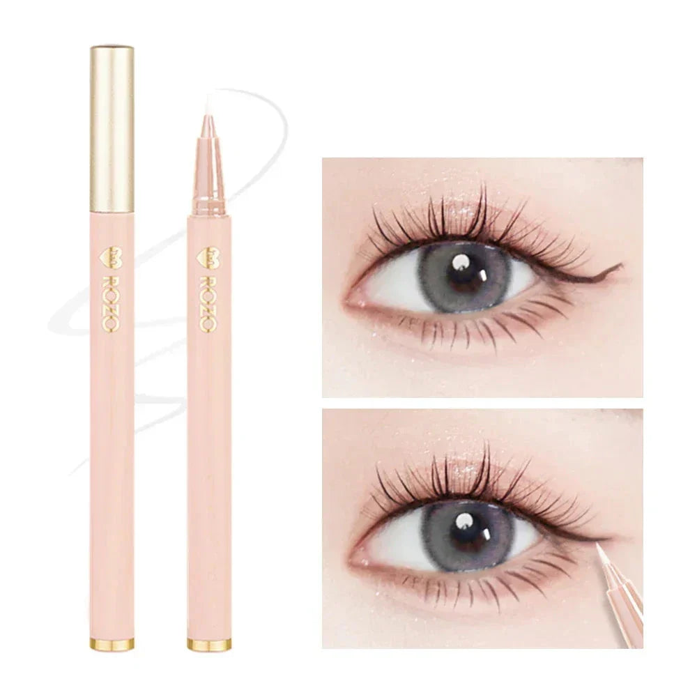 Stylo de maquillage rose pour les yeux avec des exemples d’application avant et après.