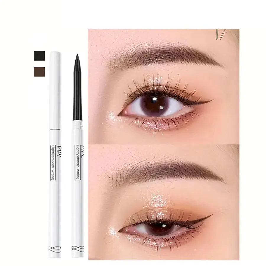 Crayons eyeliner waterproof blancs et noirs présentés avec des exemples d’application de maquillage pour les yeux.