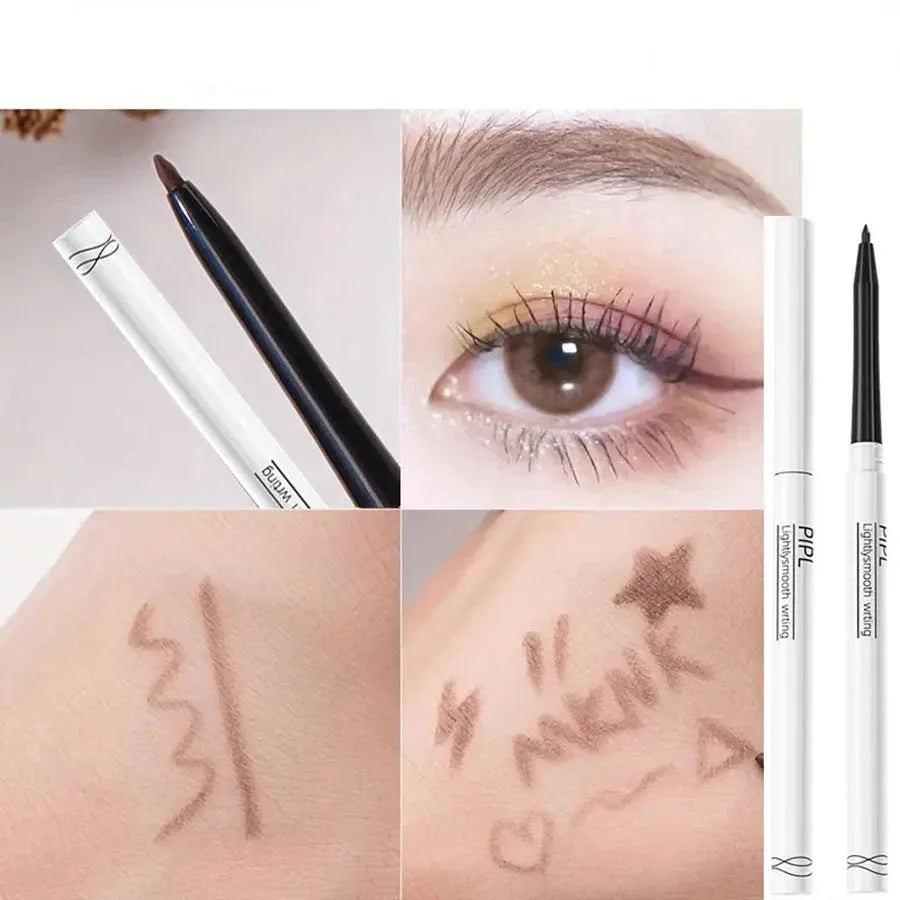 Stylo eyeliner liquide waterproof blanc et noir avec échantillons et démonstration de maquillage des yeux.