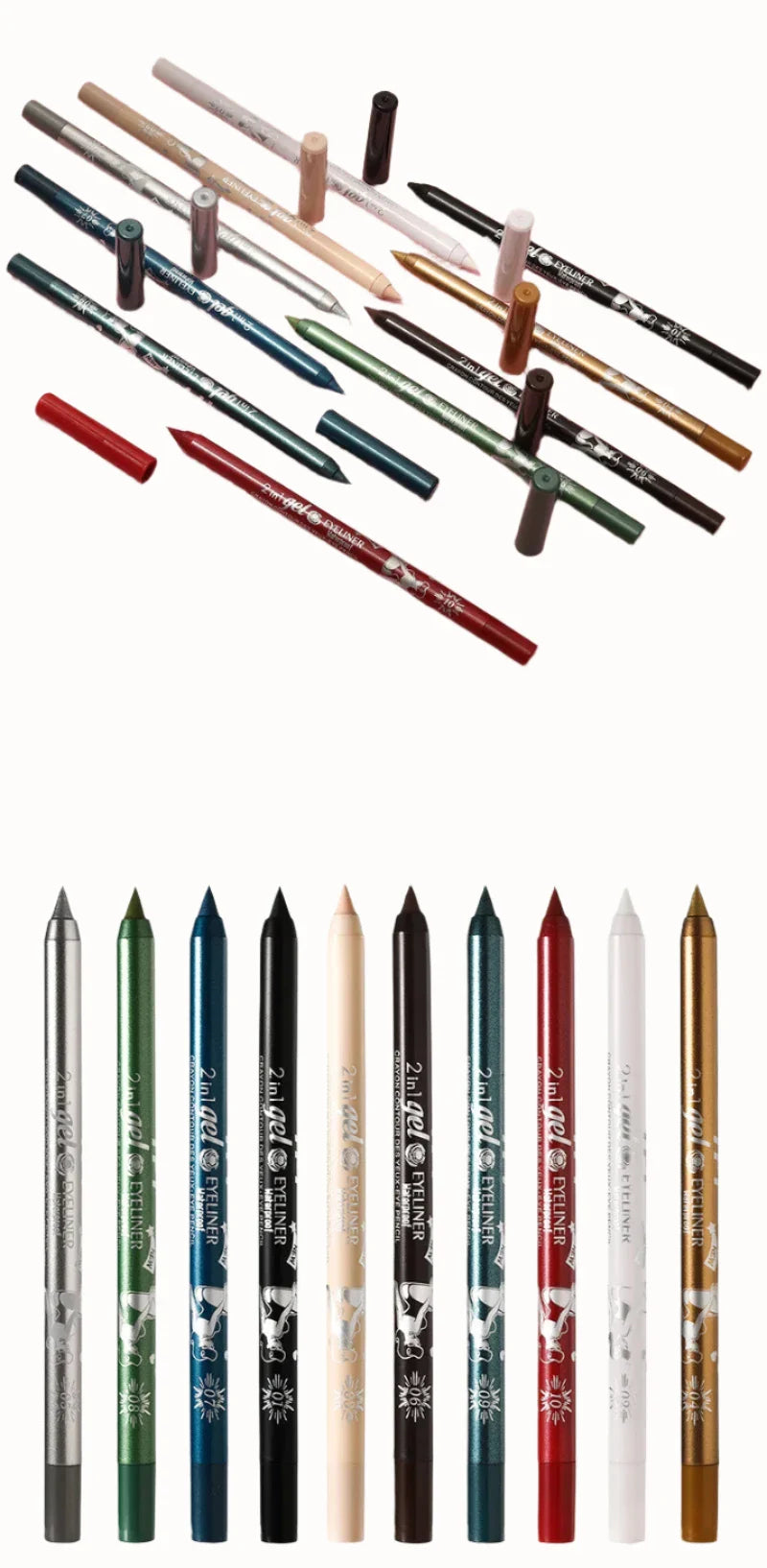 Collection de crayons eyeliner de différentes couleurs disposés en rangées.