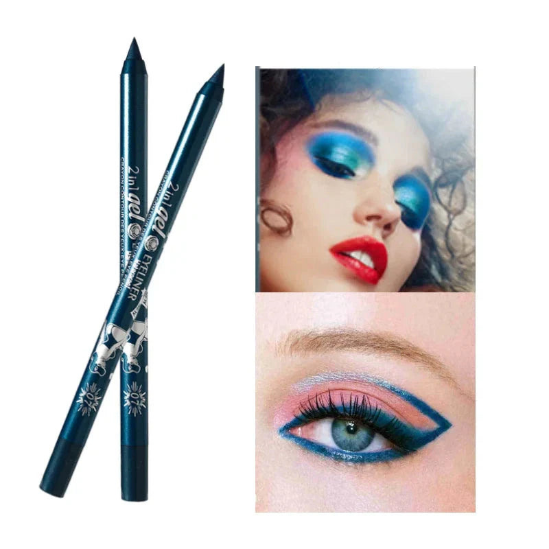 Deux crayons d’eye-liner bleu métallique accompagnés d’exemples d’application de maquillage.