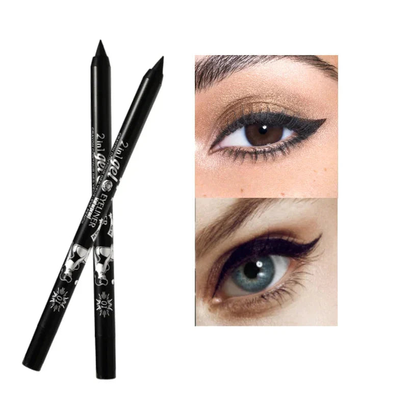 Crayons d’eyeliner noirs présentés avec des exemples de looks d’eyeliner ailé.