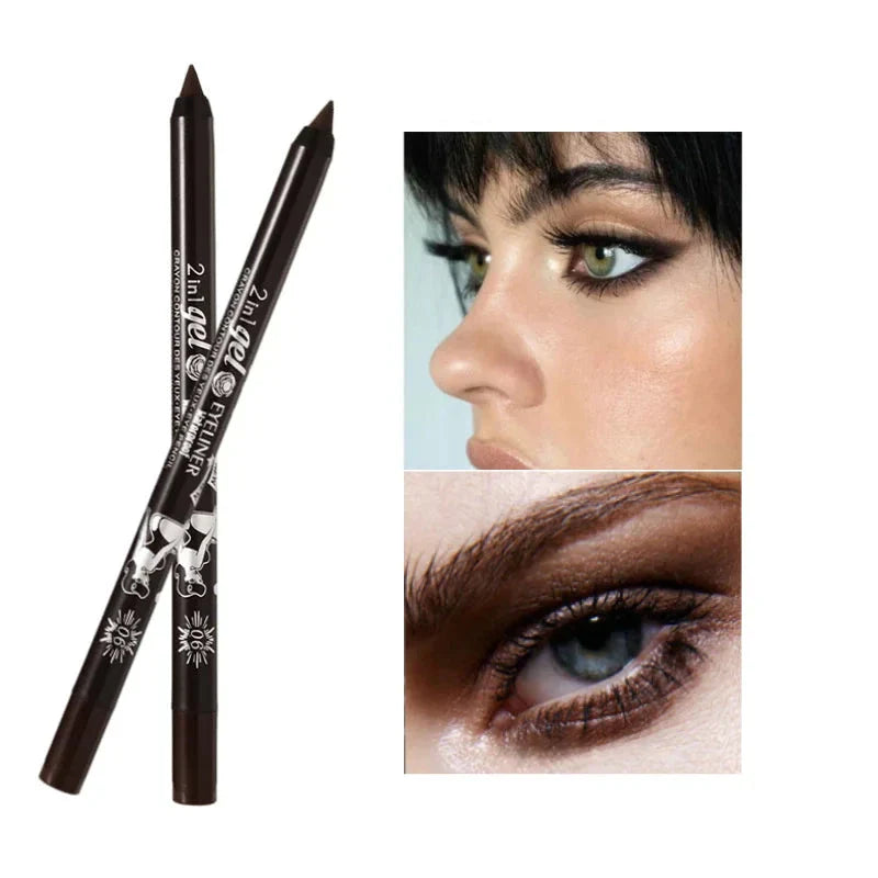 Crayons eyeliner noirs avec des exemples de maquillage des yeux spectaculaires présentés à côté.