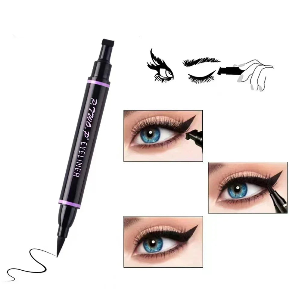 Stylo eyeliner noir à double extrémité avec bandes de couleur violette.