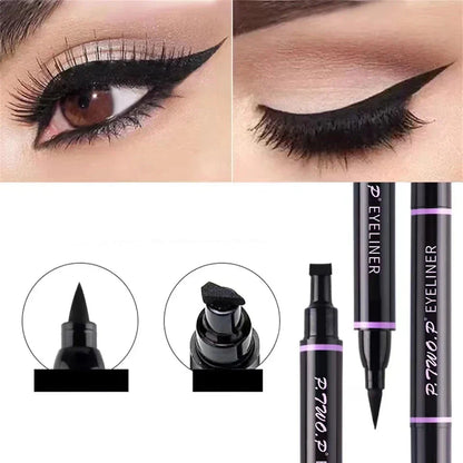 Stylo eyeliner liquide noir à double extrémité, avec des pointes en forme de tampon et de pinceau.