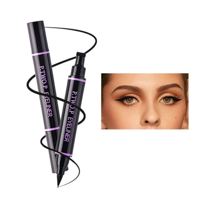 Stylo eyeliner liquide à double extrémité, noir et violet, avec des lignes courbes.