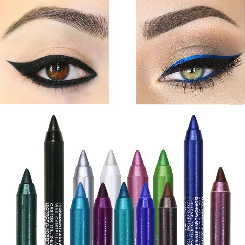 Crayons eyeliner colorés disposés sous deux exemples de maquillage des yeux montrant des looks eyeliner noir et bleu.