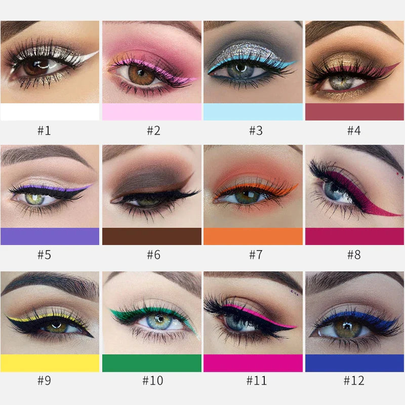 Collection de douze maquillages artistiques différents pour les yeux, avec des eyeliner colorés, des ombres à paupières et des paillettes.