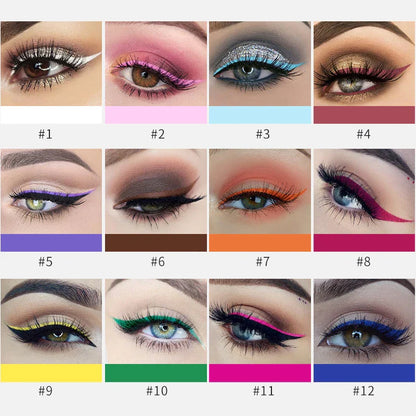 Collection de douze maquillages artistiques différents pour les yeux, avec des eyeliner colorés, des ombres à paupières et des paillettes.